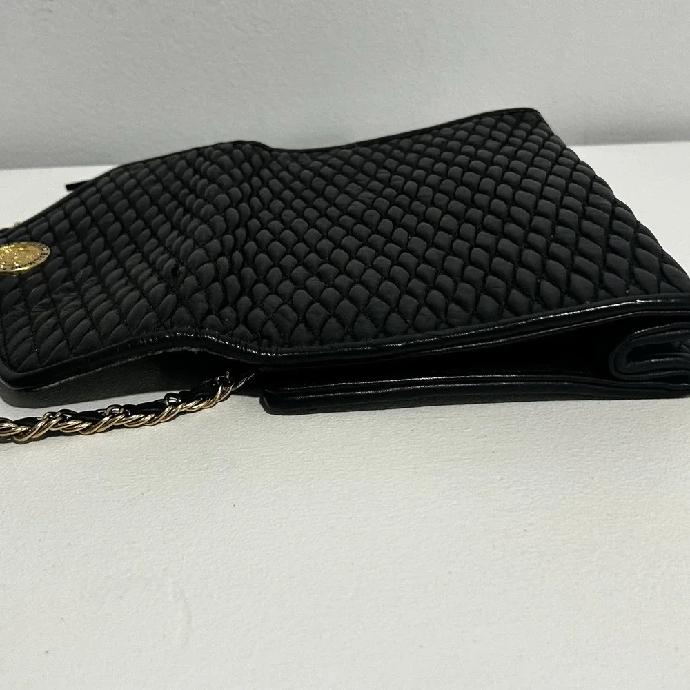 Vintage French Evening bag Pierre Balmain Black Leather Quilted Gold Strap Purse